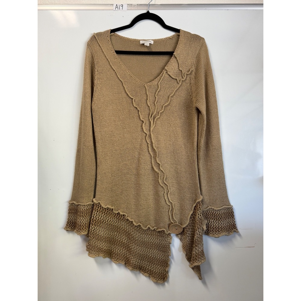 Boston Proper Tan Asymmetrical Knit Tunic Sweater V-Neck Mesh Trim Size L